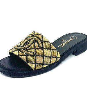 CHANEL 21A  Embroidered Pearl CC Suede Flat Slide Mules Sandals Shoes